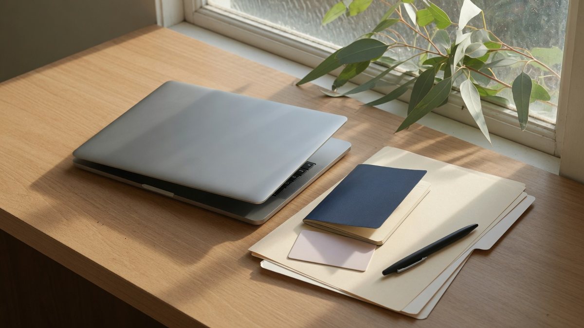 Closed laptop, a passport-style booklet and an ID card on a folder with a pen, beside a window with eucalyptus leaves