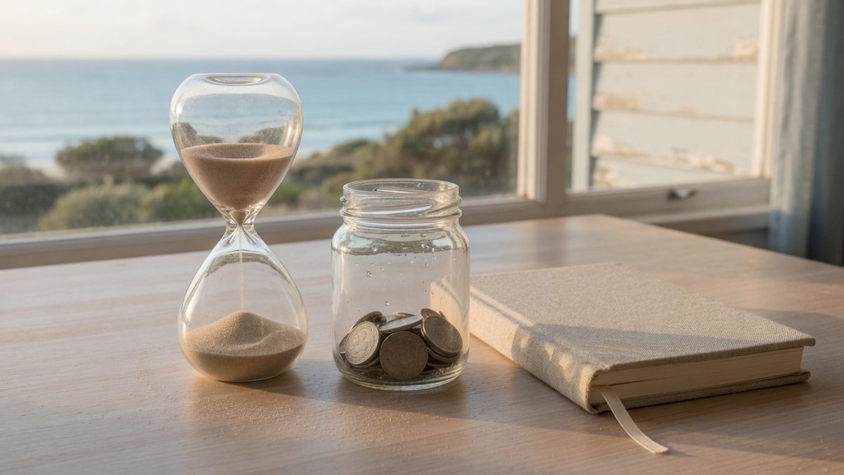 Sand timer, a jar of coins and a closed linen diary on a wooden table by a window with a sea view