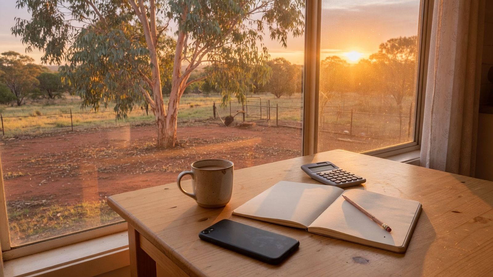 Wooden kitchen table with a notebook, calculator, mug of tea and a phone lying face down, with a gum tree in the sunlit backyard behind