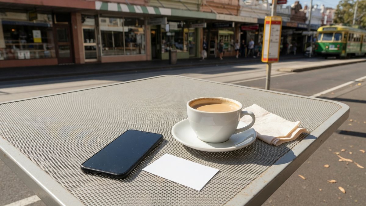 Smartphone, a blank card and a flat white on a metal cafe table beside a tram stop