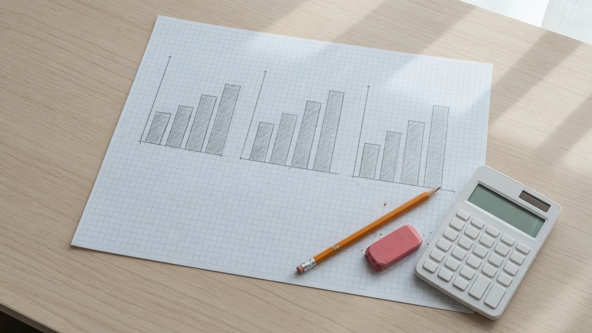Graph paper with three hand-drawn bar charts, a pencil, an eraser and a calculator on a pale timber desk