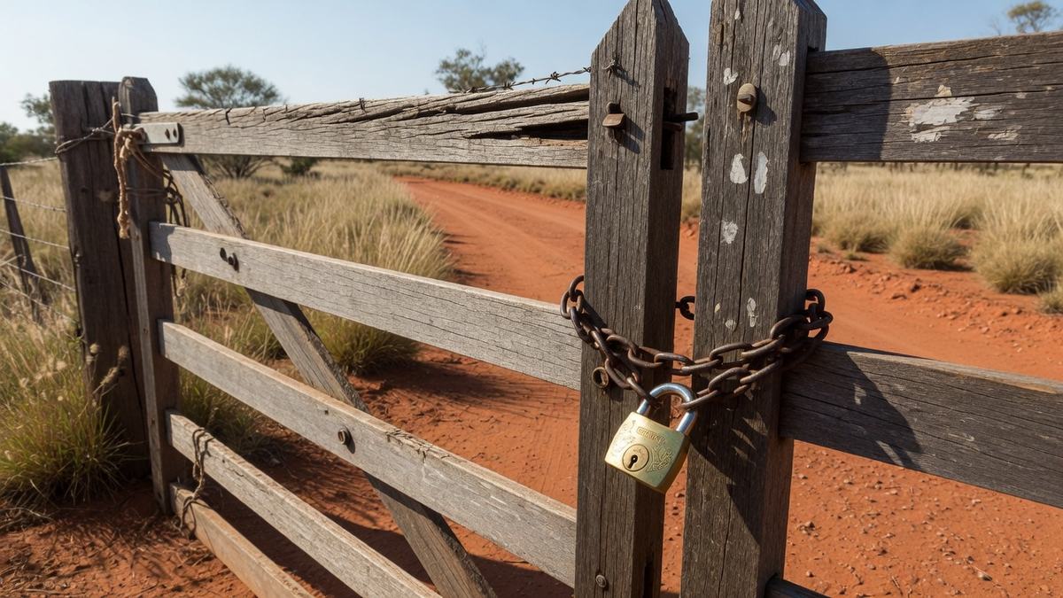 A heavy brass padlock closed on a timber farm gate with a red dirt road behind